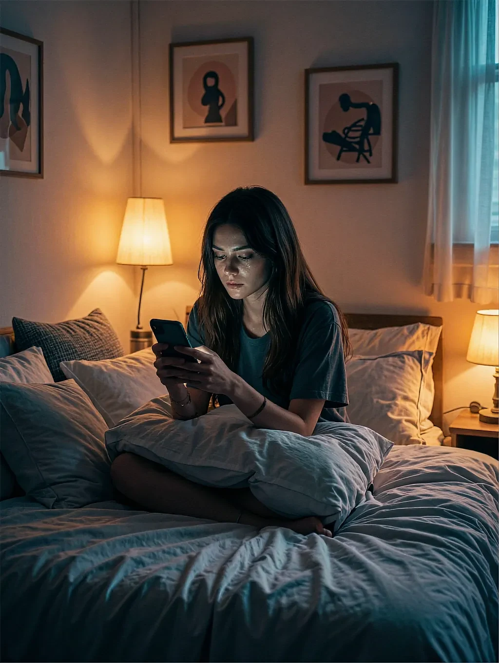 Fictional AI character in glasses sitting up in bed with her phone, one lamp on