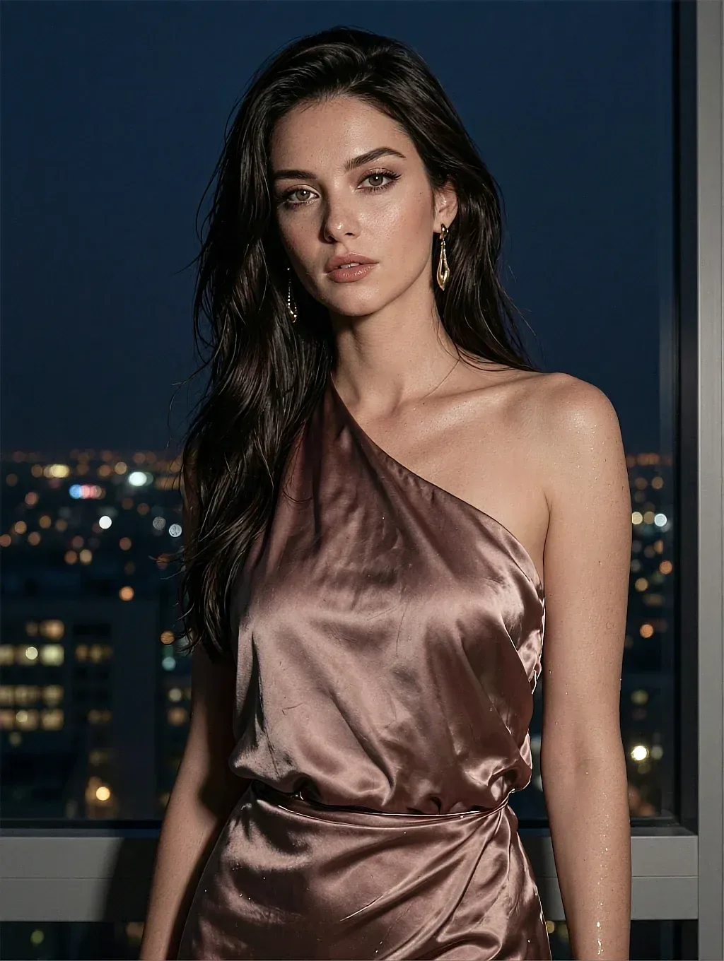 Fictional AI character in a bronze one-shoulder satin dress before a window full of night city lights