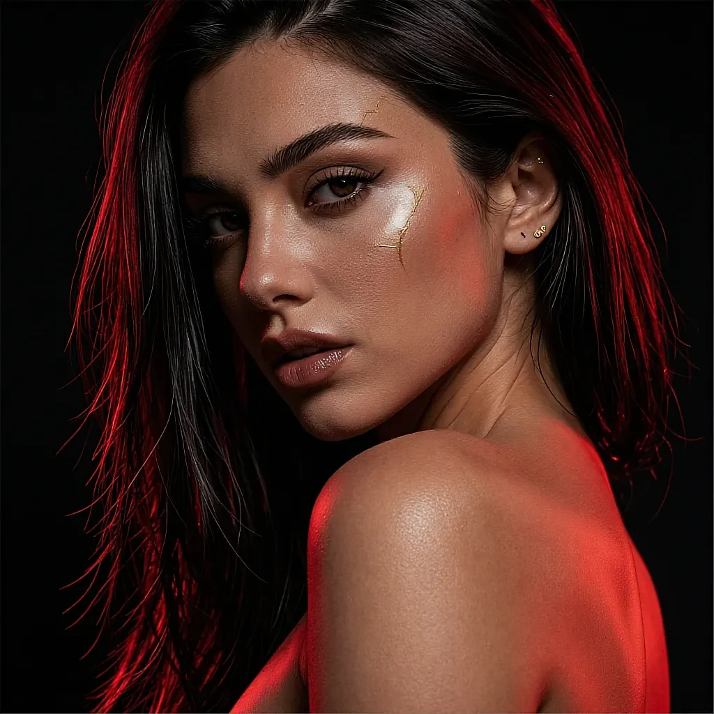 Close portrait of a fictional AI character washed in deep red light, hair swept back