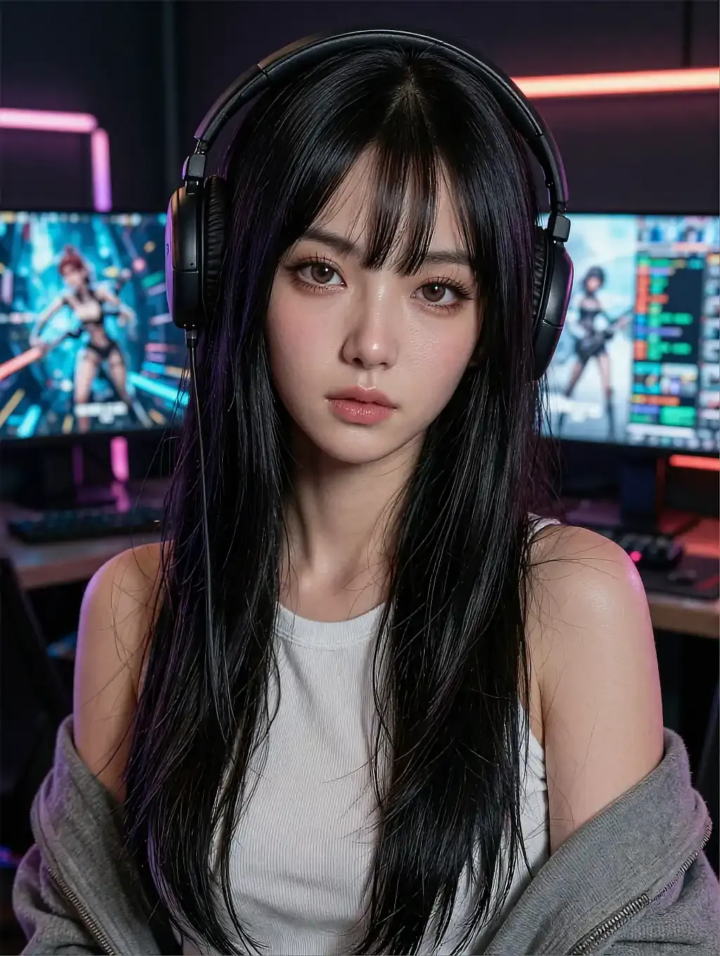 Fictional AI character in headphones and a white tank at a desk with glowing game monitors