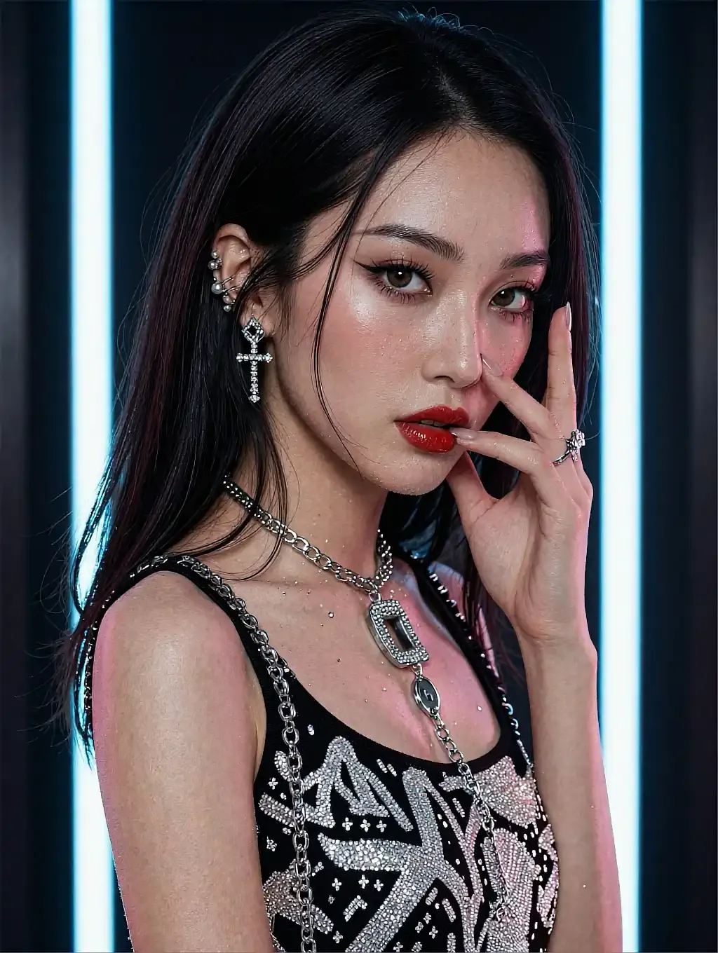 Fictional AI character in a black graphic top standing between vertical strips of white neon